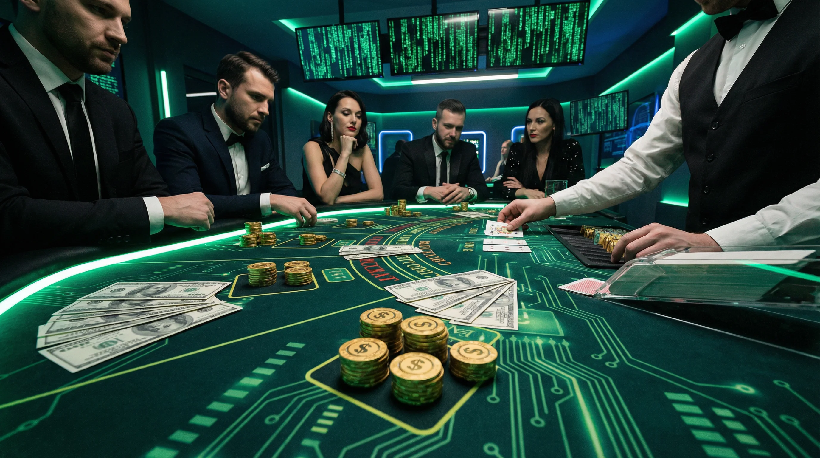 Mesa de bacará elegante con cartas y fichas doradas en William Hill Casino México