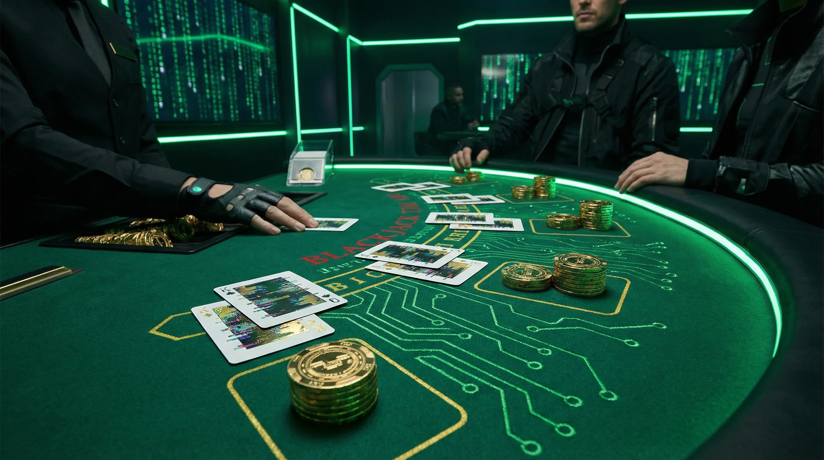 Mesa de blackjack profesional con cartas y fichas en William Hill Casino México